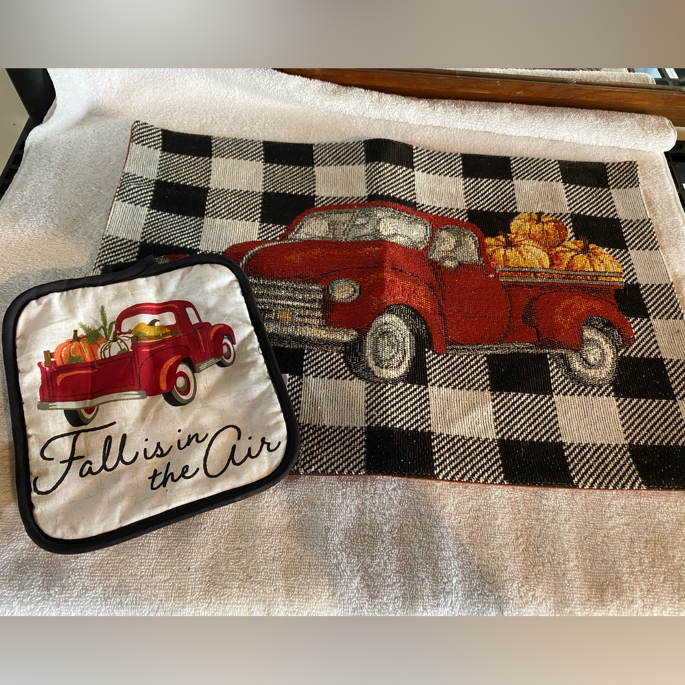 Fall Truck and Pumpkin Plaid Decor (Potholder and placemat)